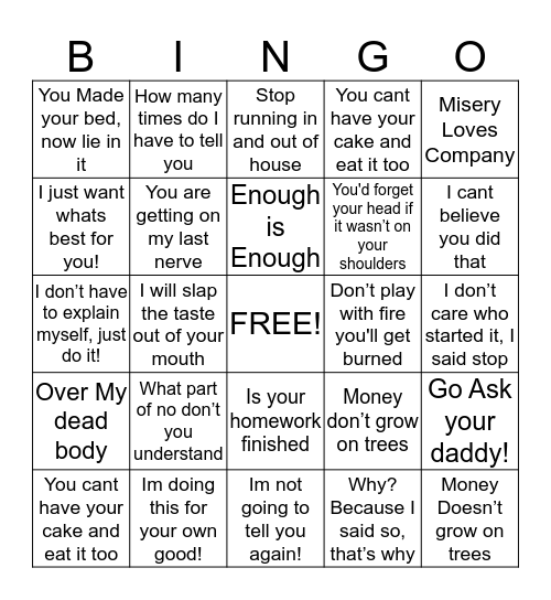 Mom-"ism"Bingo Card