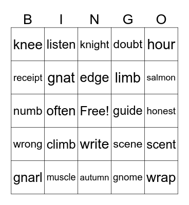 Complex Consonants/ Silent Letters Bingo Card