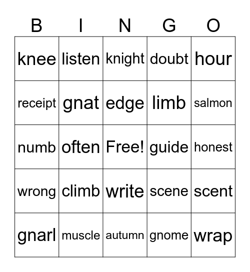 Complex Consonants/ Silent Letters Bingo Card