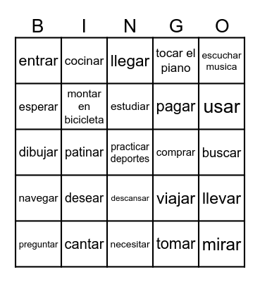 AR verbs Spanish Bingo Card