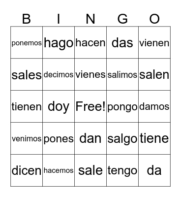 Yo go and irregular verbs Bingo Card