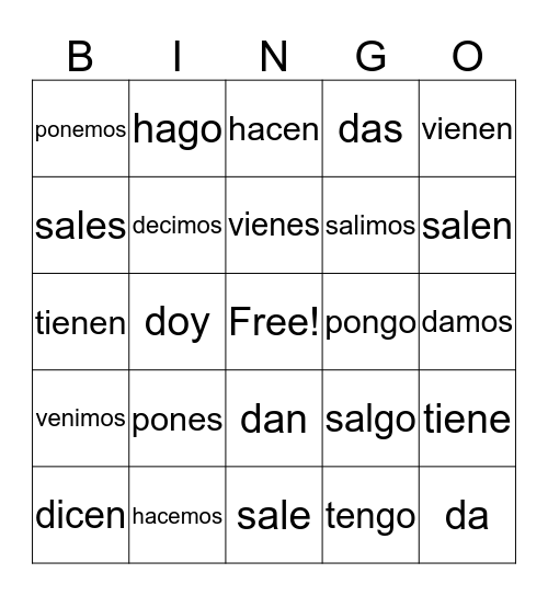 Yo go and irregular verbs Bingo Card