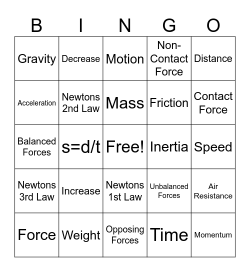Physical Science 1 Bingo Card