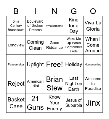Green Day Bingo Card