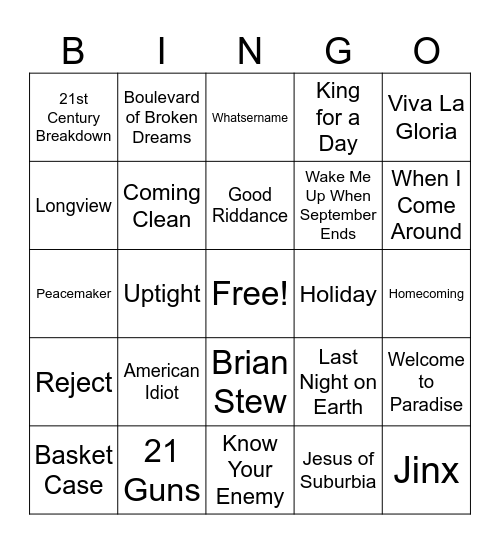 Green Day Bingo Card