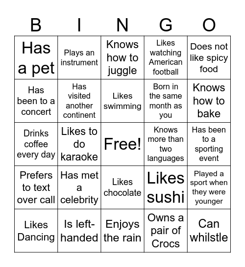 Get to Know You Bingo Card
