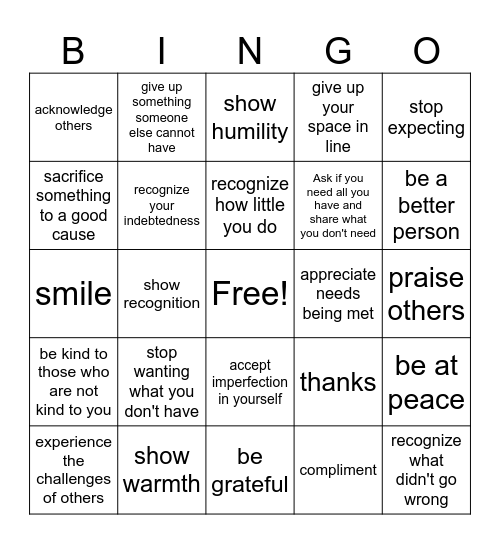 With Gratitude Bingo Card