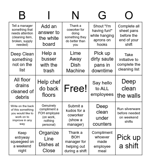 Dishwasher Bingo Card