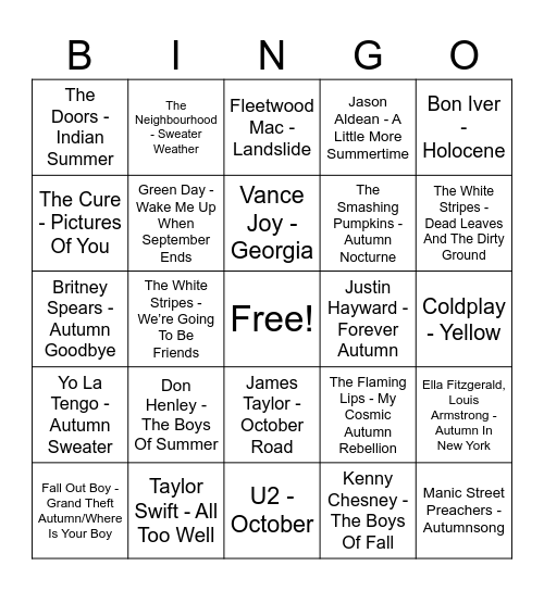Fall songs Bingo Card