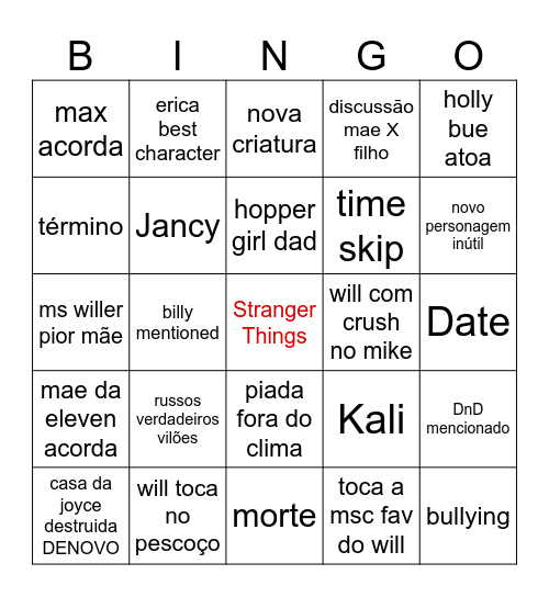 Stranger Things Bingo Card