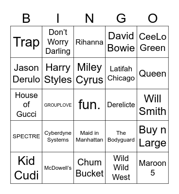 Musicians on Film, Early 2010s Radio, & Fictional Companies Bingo Card