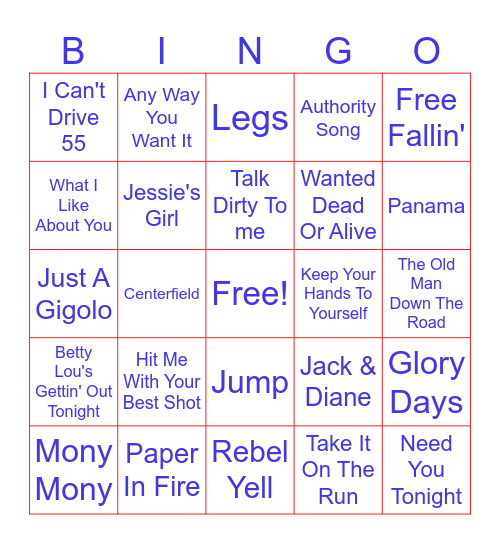 80s Rock Bingo Card