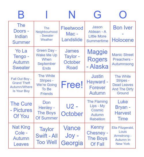 Fall songs Bingo Card