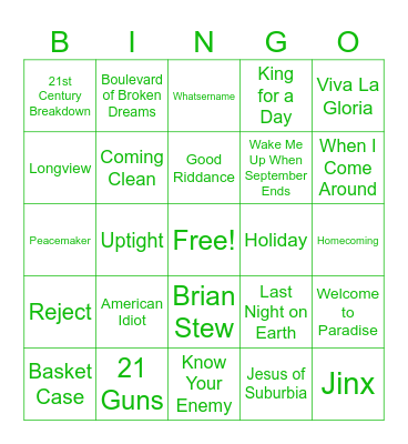 Green Day Bingo Card