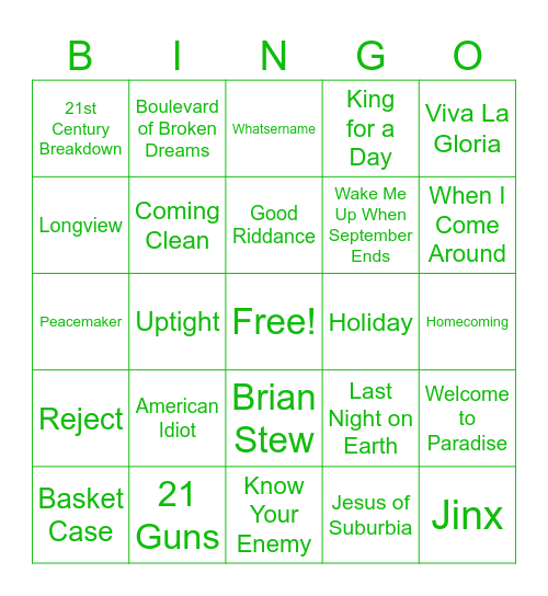 Green Day Bingo Card