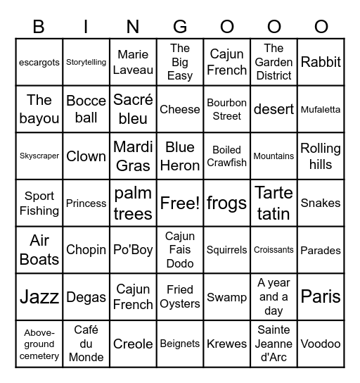 La Nouvelle Orléans Bingo Card