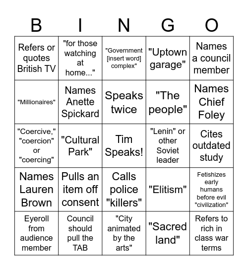 Sedona Council's Call to the Tim Bingo Card