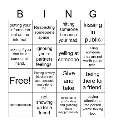 Healthy Relationships and Personal Safety Bingo Card
