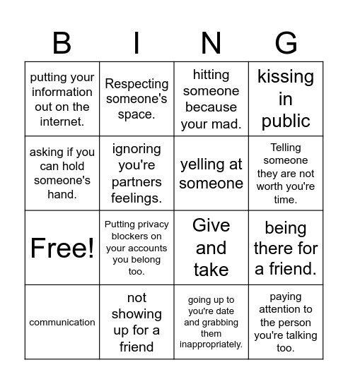 Healthy Relationships and Personal Safety Bingo Card