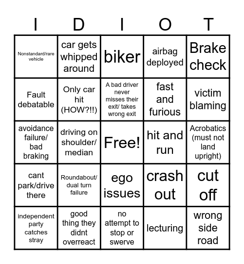 Car crash Bingo Card