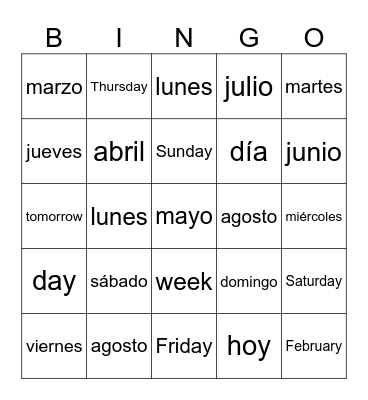 Los días de la semana (the days of the week) Bingo Card