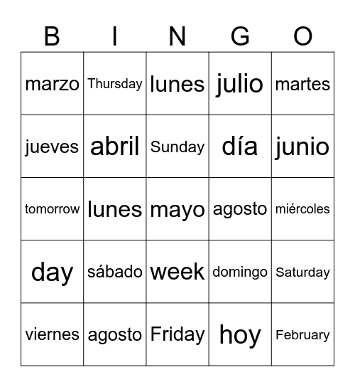 Los días de la semana (the days of the week) Bingo Card