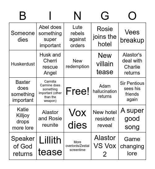 Hazbin S2 Finale Bingo Card
