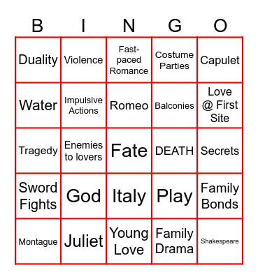 How Romeo & Juliet Are You? Bingo Card