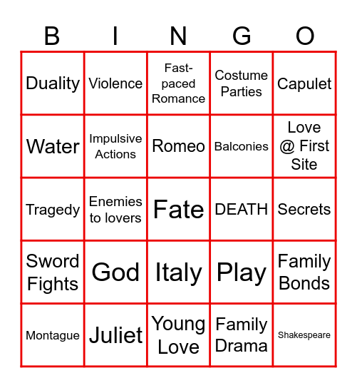 How Romeo & Juliet Are You? Bingo Card