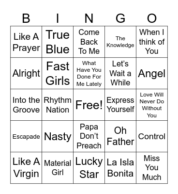 Janet VS Madonna Bingo Card