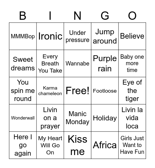 80s VS 90s Bingo Card