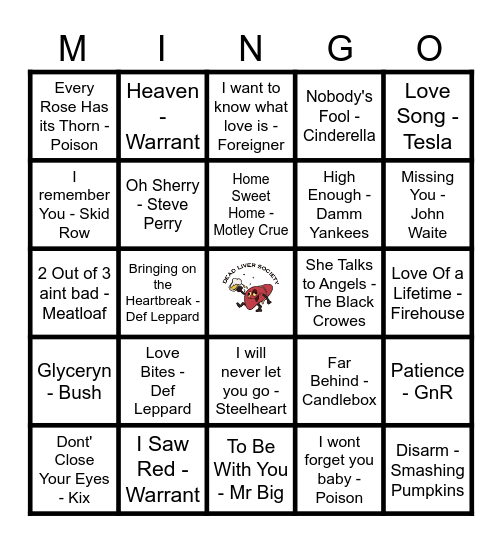 Rock Power Ballads Bingo Card
