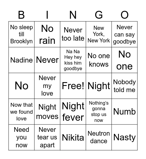 Songs That Start With “N” Bingo Card