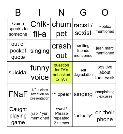 Junior Studio Bingo Card