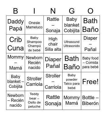 Baby Shower Bingo Card