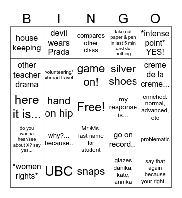 enriched English Bingo Card