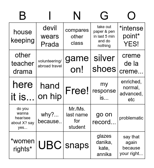 enriched English Bingo Card