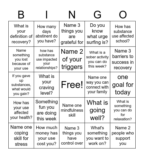 Recovery Bingo! Bingo Card