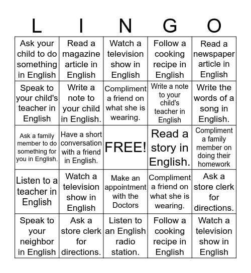 Lingo  Bingo Card