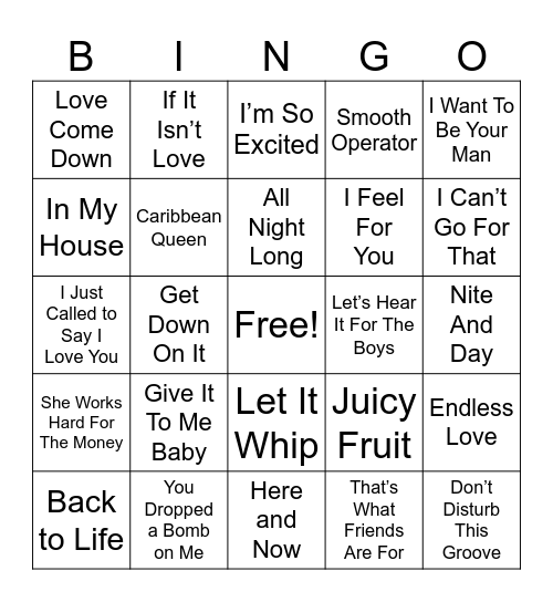 R&B Hits Bingo Card