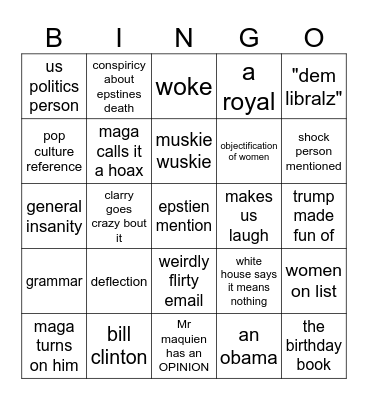 Epstien bingo Card