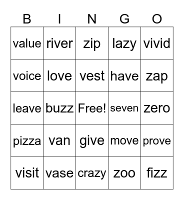 Lesson #33 and #34, v and z Bingo Card