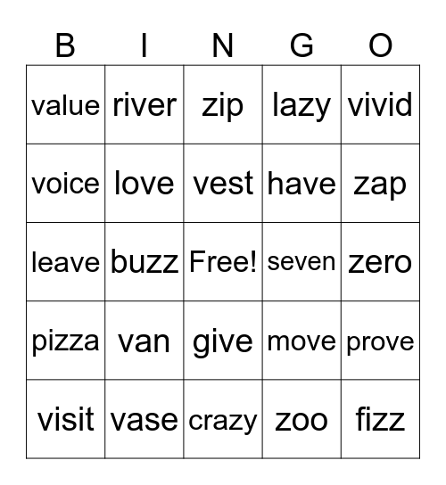 Lesson #33 and #34, v and z Bingo Card
