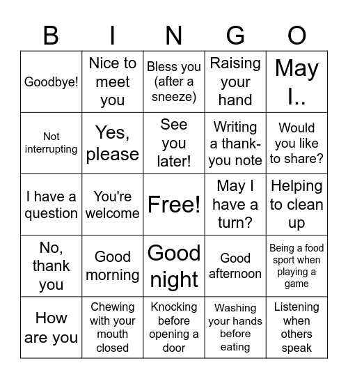 Manners BINGO! Bingo Card