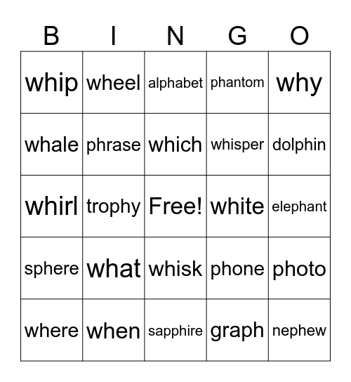 Lesson #50, wh and ph Bingo Card