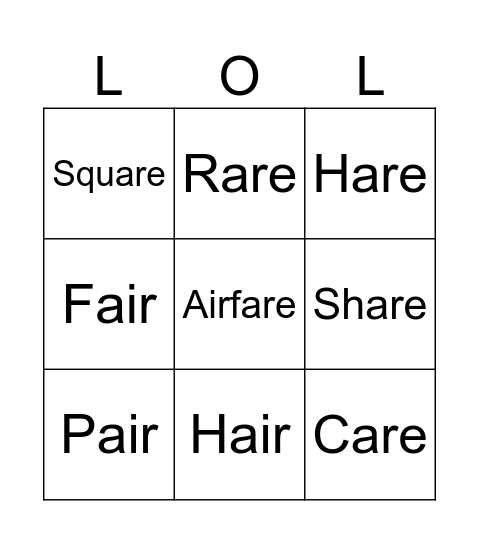 "air" & "are" Words Bingo Card