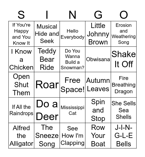 Shankar's Songs Bingo Card