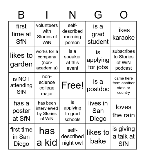Stories of WiN Symposium Bingo Card