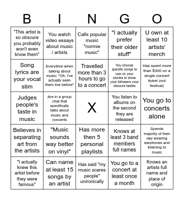 Insufferable Music Nerd (Extra Flavour) Bingo Card