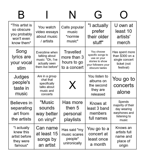 Insufferable Music Nerd (Extra Flavour) Bingo Card